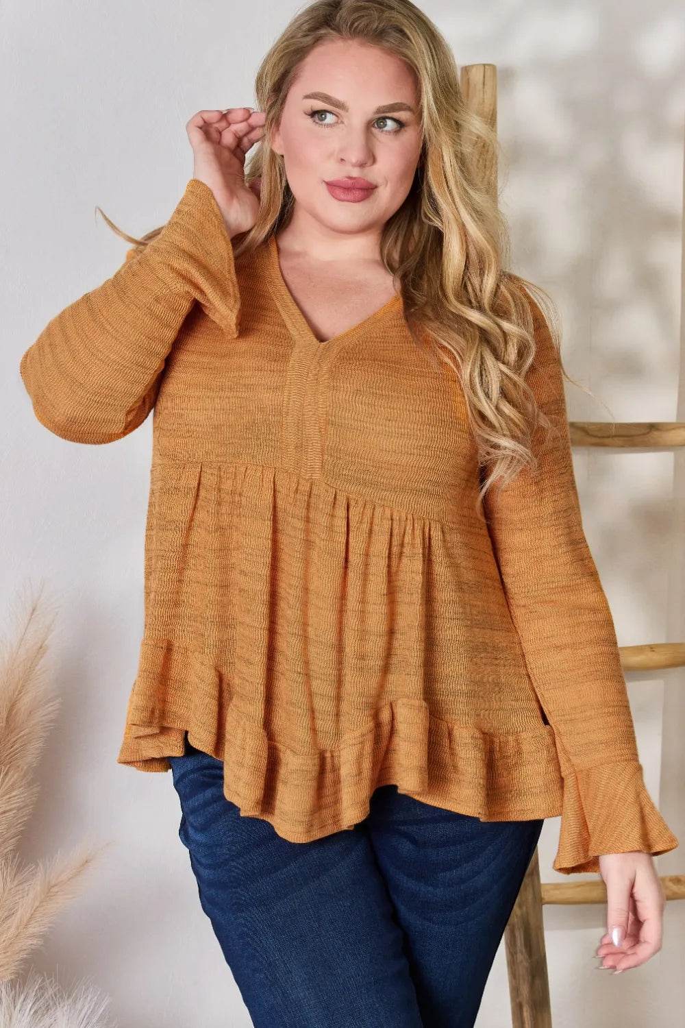 Hailey & Co Full Size V-Neck Flounce Sleeve Blouse - Shop Style & More | Fresh Looks, Everyday Deals & Free Shipping