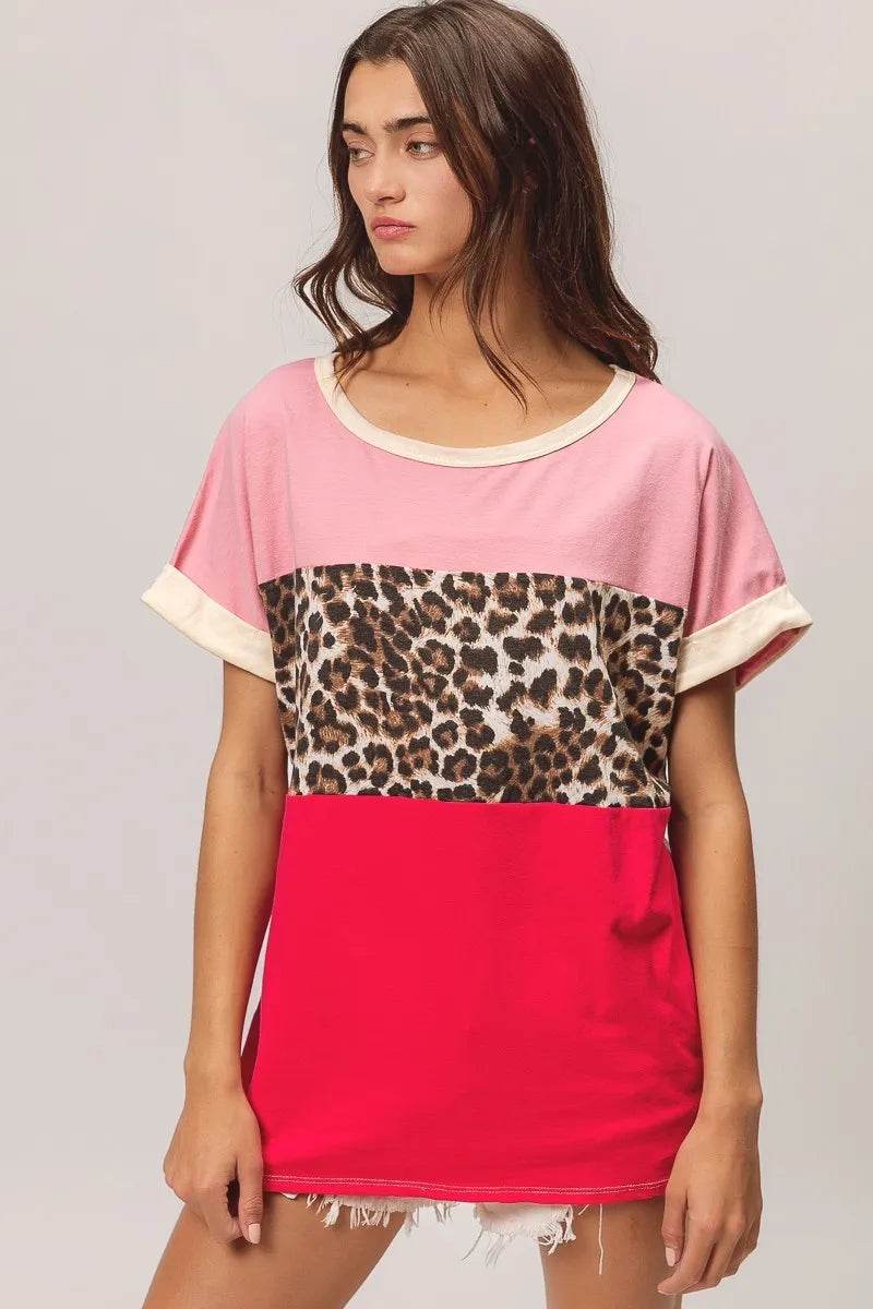 BiBi Leopard Printed Jersey Color Block Roll Up - Shop Style & More | Fresh Looks, Everyday Deals & Free Shipping