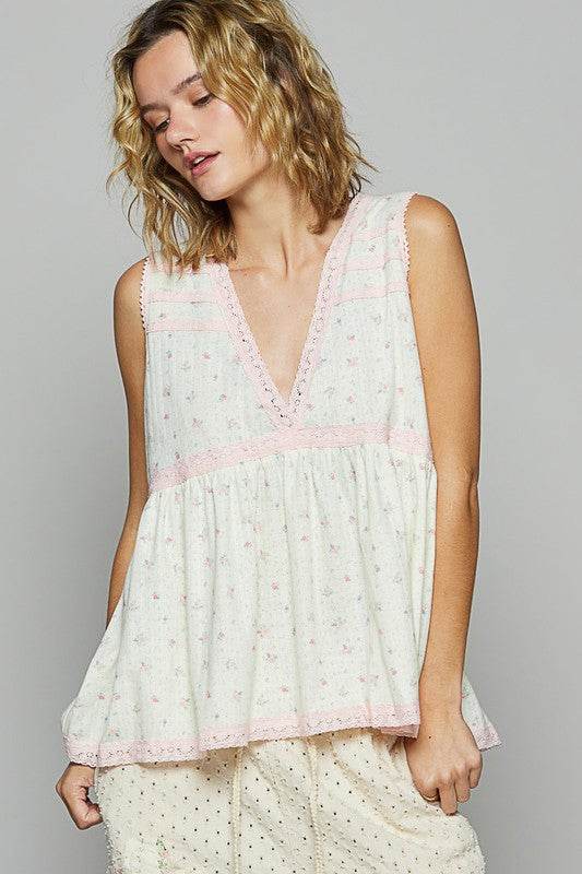 POL Lace Detail Floral V-Neck Sleeveless Top - Shop Style & More | Fresh Looks, Everyday Deals & Free Shipping