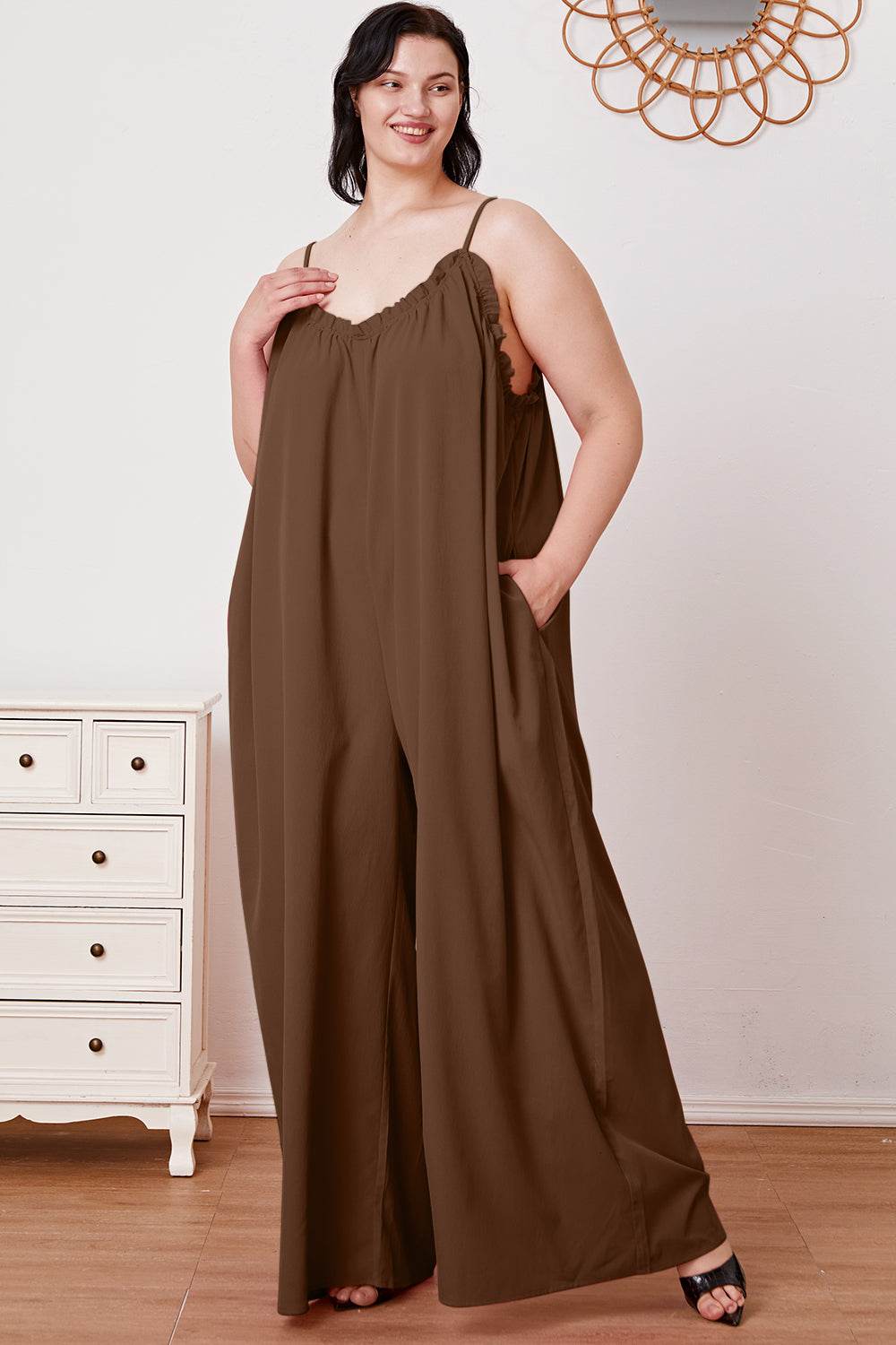 Double Take Full Size Ruffle Trim Tie Back Cami Jumpsuit with Pockets - Shop Style & More | Fresh Looks, Everyday Deals & Free Shipping