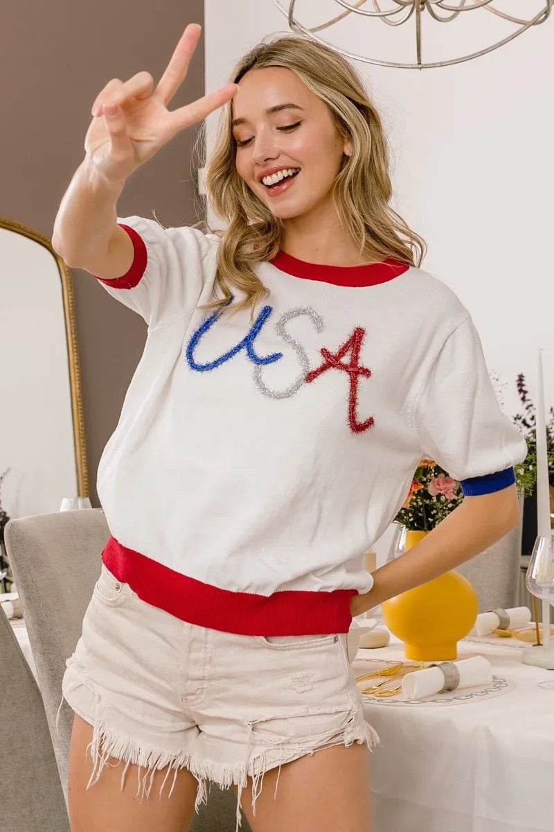 BiBi USA Metallic Letter Color Block Knit Top - Shop Style & More | Fresh Looks, Everyday Deals & Free Shipping