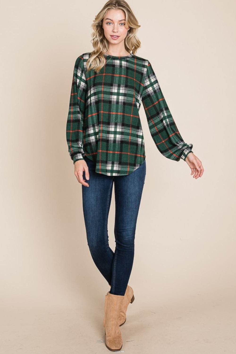 BOMBOM Curved Hem Plaid Round Neck Long Sleeve Top - Shop Style & More | Fresh Looks, Everyday Deals & Free Shipping