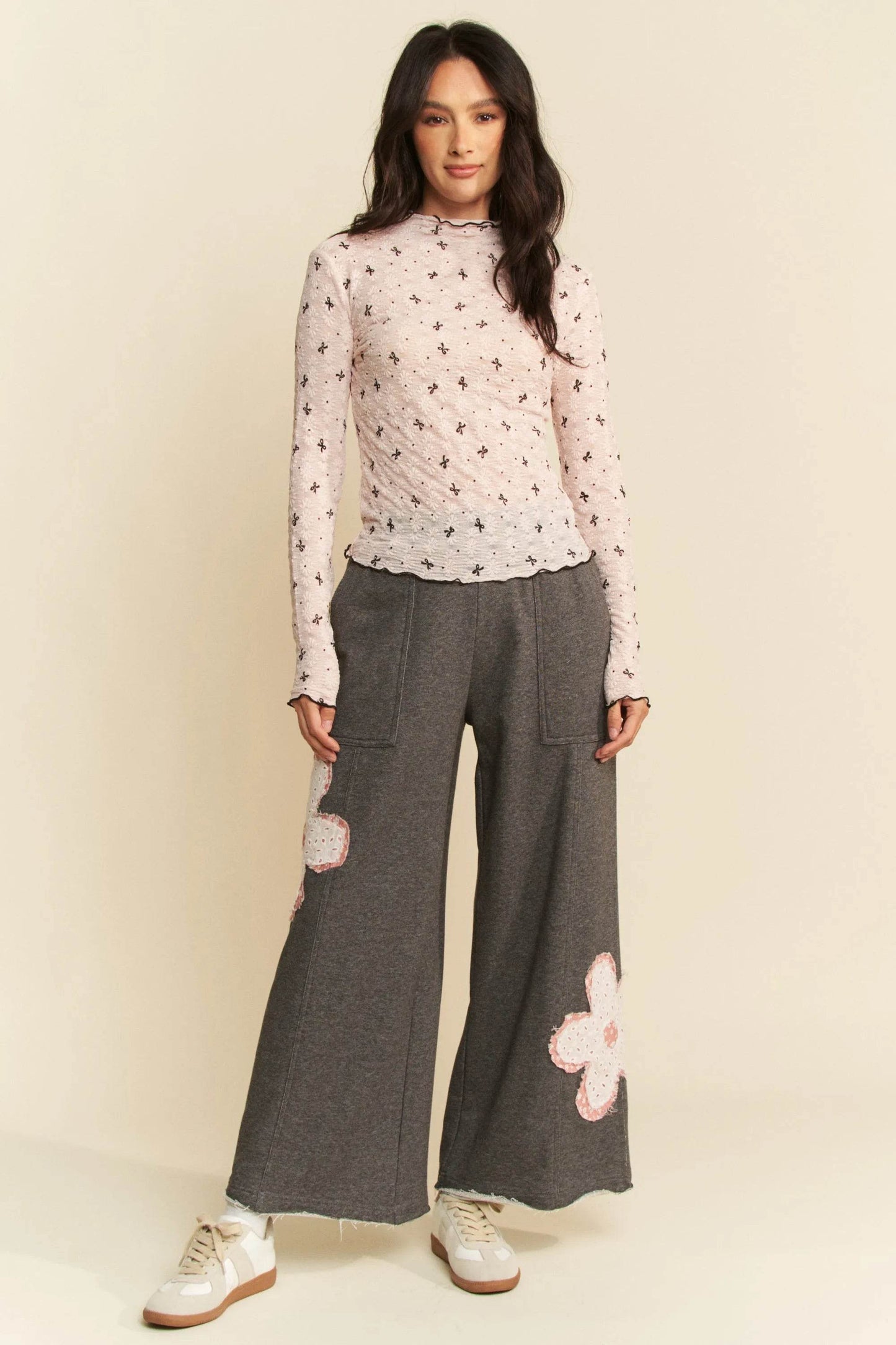 Davi & Dani Ribbon Bow Lace Hem Long Sleeve Mesh Layering Top - Shop Style & More | Fresh Looks, Everyday Deals & Free Shipping