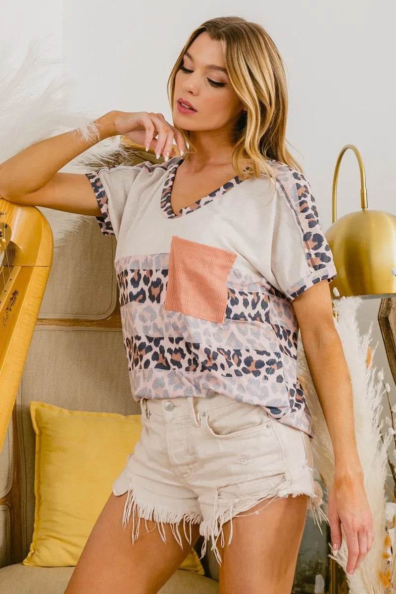 BiBi Leopard Stripe with Slub Terry Color Block T-Shirt - Shop Style & More | Fresh Looks, Everyday Deals & Free Shipping