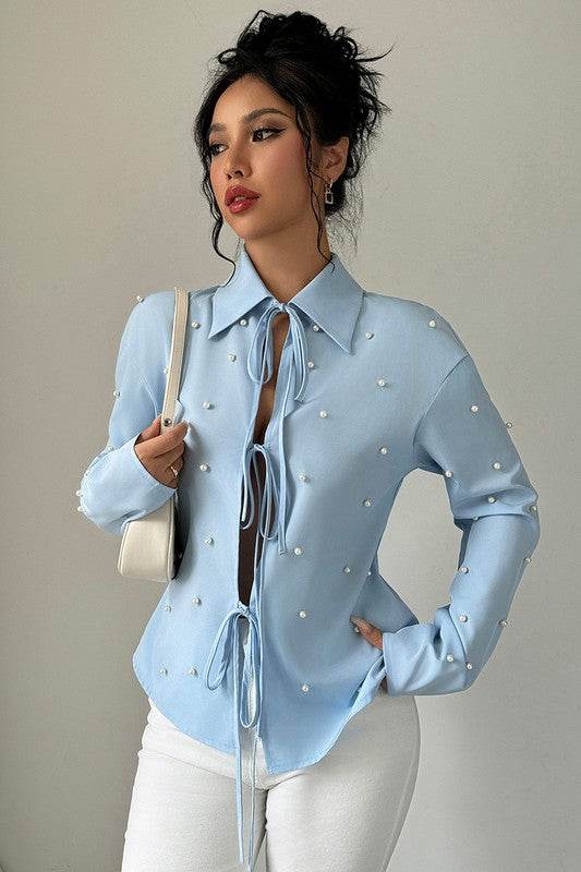 Solid Tie Front Pearl Embellished Fit Blouse - Shop Style & More | Fresh Looks, Everyday Deals & Free Shipping
