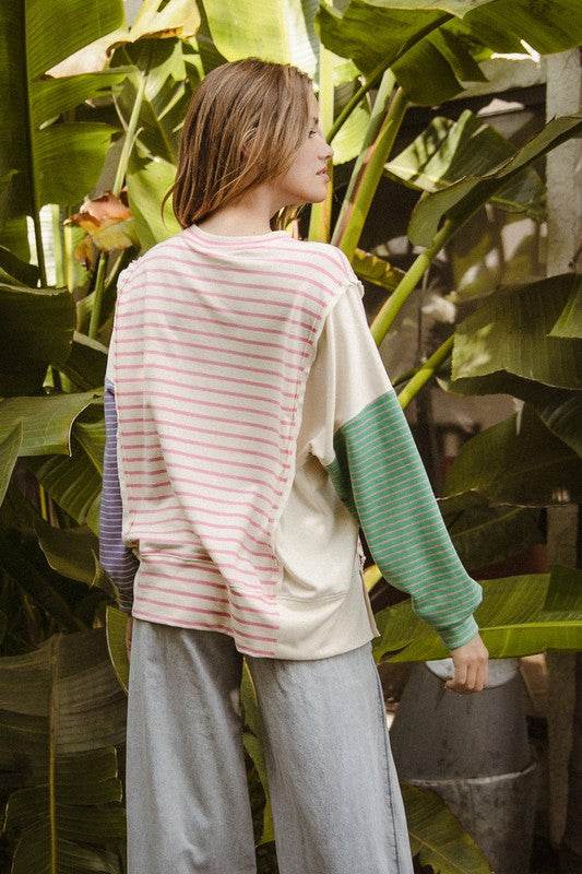 BiBi Exposed Seam Slit Striped Round Neck T-Shirt - Shop Style & More | Fresh Looks, Everyday Deals & Free Shipping