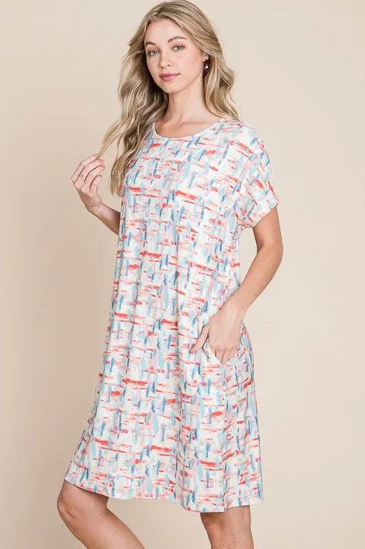 BOMBOM Printed Round Neck Short Sleeve Tee Dress - Shop Style & More | Fresh Looks, Everyday Deals & Free Shipping