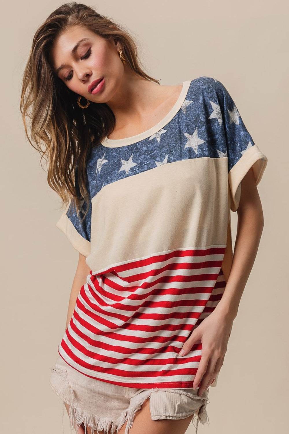 BiBi American Flag Theme Short Sleeve T-Shirt - Shop Style & More | Fresh Looks, Everyday Deals & Free Shipping