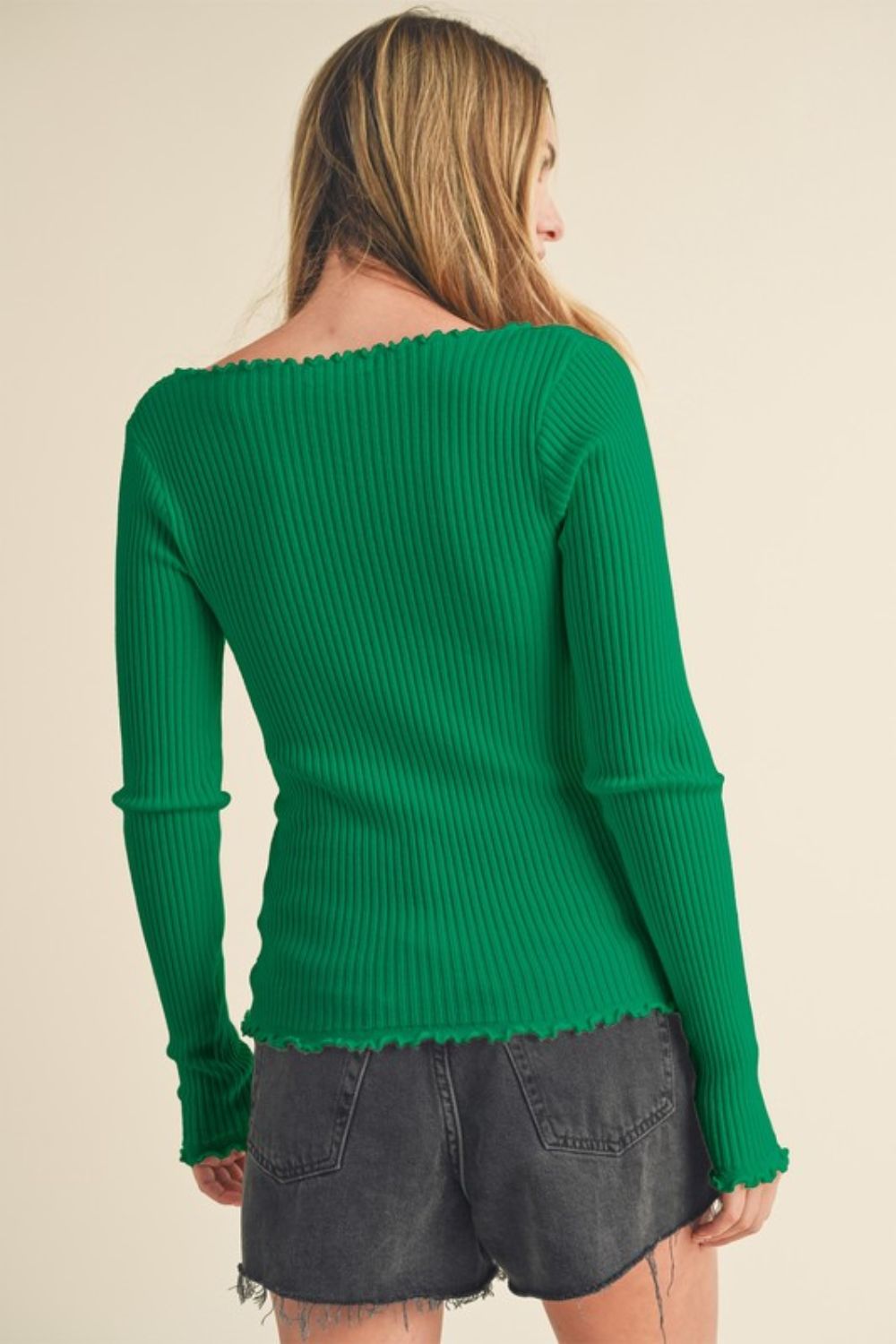 Aemi + Co Lettuce Hem Scoop Neck Long Sleeve Knit Top Hoodies & Sweaters