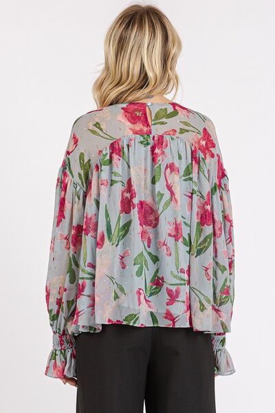 Mittoshop Floral Round Neck Flounce Sleeve Blouse Blouses