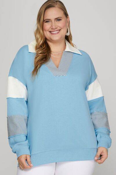 She + Sky Full Size Color Block Sleeve Johnny Collar French Terry Sweatshirt Plus Size - Shop Style & More | Fresh Looks, Everyday Deals & Free Shipping