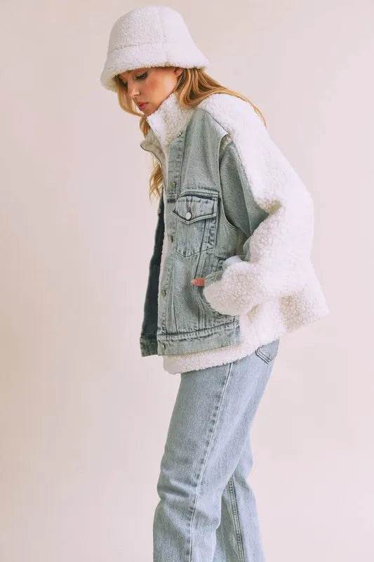 Aemi + Co Denim Washed Drop Shoulder Sherpa Fake Two Pieces Jacket - Shop Style & More | Fresh Looks, Everyday Deals & Free Shipping