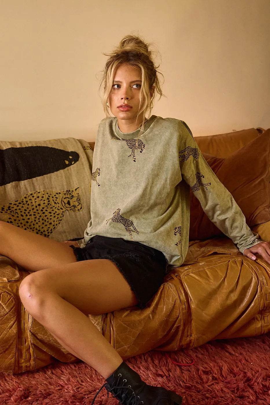 Mittoshop Mineral Wash Cheetah Print Long Sleeve Top - Shop Style & More | Fresh Looks, Everyday Deals & Free Shipping