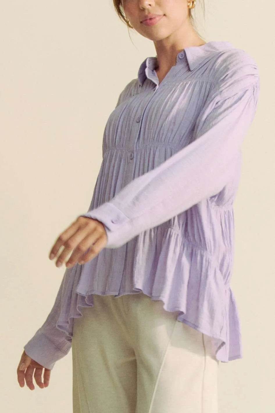 Davi & Dani Ruched All Over Button Front Shirt - Shop Style & More | Fresh Looks, Everyday Deals & Free Shipping