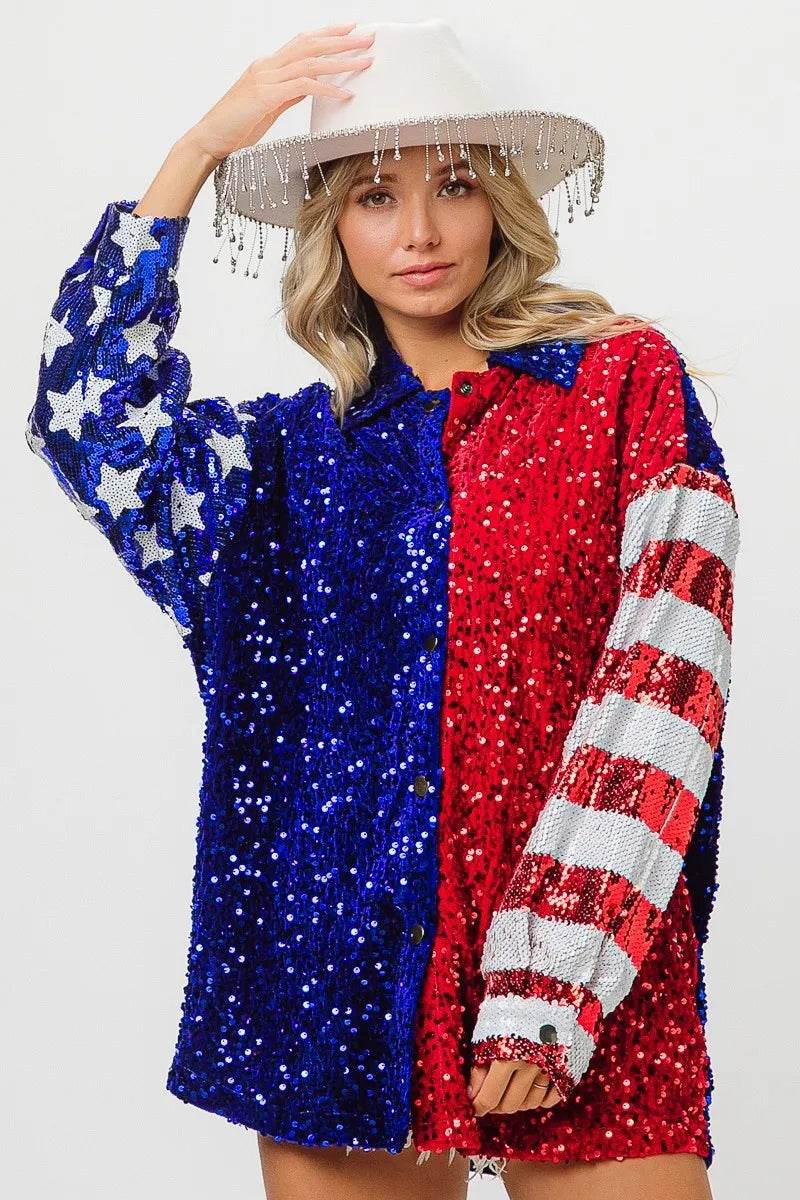 BiBi American Flag Sequin Snap Down Shirt - Shop Style & More | Fresh Looks, Everyday Deals & Free Shipping
