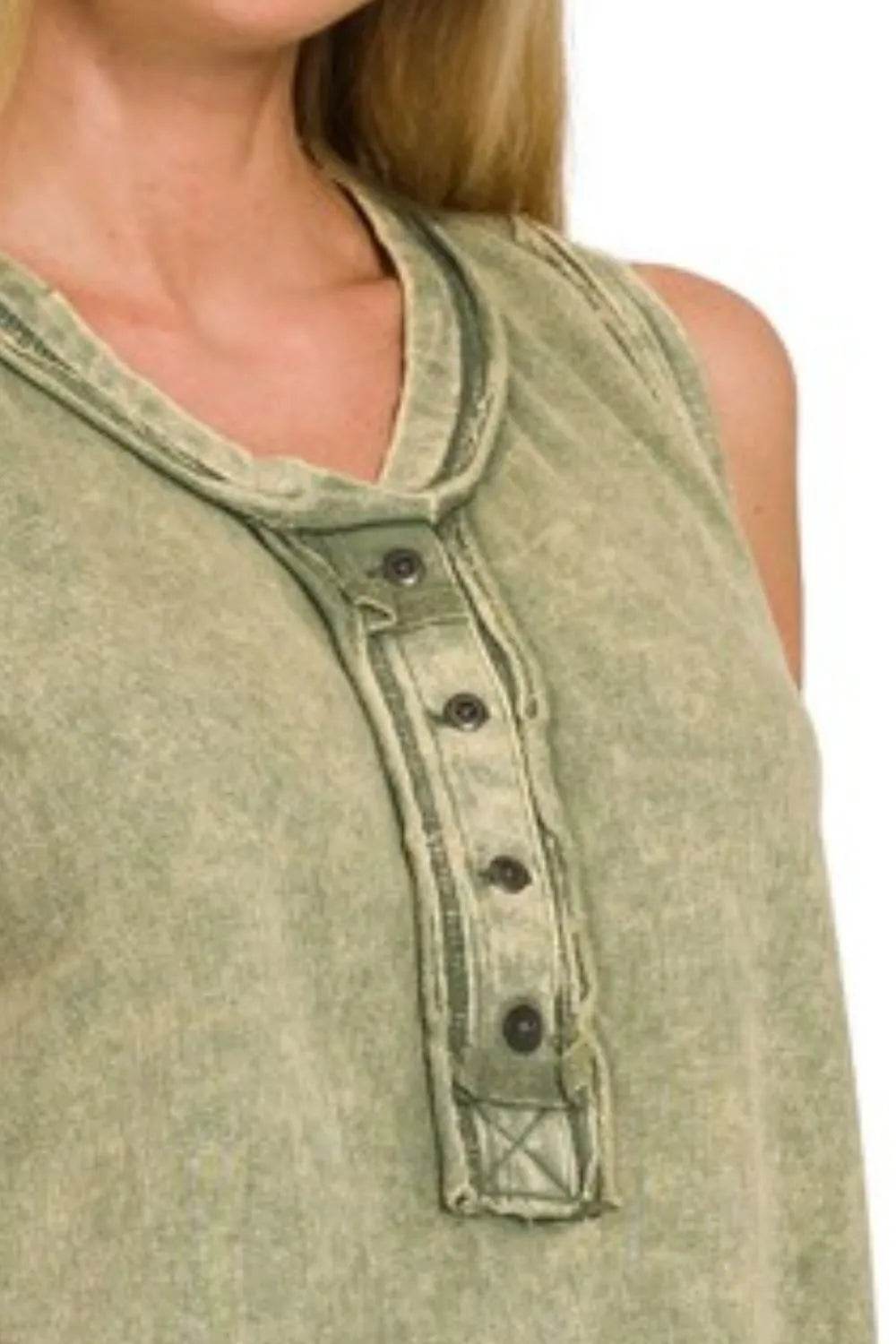 Zenana Washed Half-button Raw Edge Sleeveless Henley Top - Shop Style & More | Fresh Looks, Everyday Deals & Free Shipping