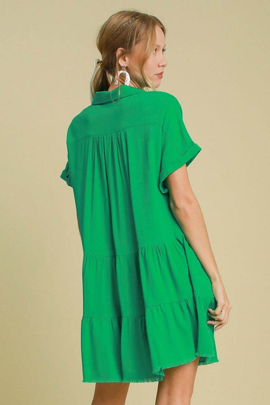 Umgee Full Size Raw Hem Folded Sleeve Tiered Dress Plus Size - Shop Style & More | Fresh Looks, Everyday Deals & Free Shipping