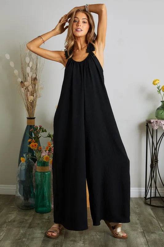 ADORA Full Size Elastic Ruffle Shoulder Jumpsuit Plus Size - Shop Style & More | Fresh Looks, Everyday Deals & Free Shipping