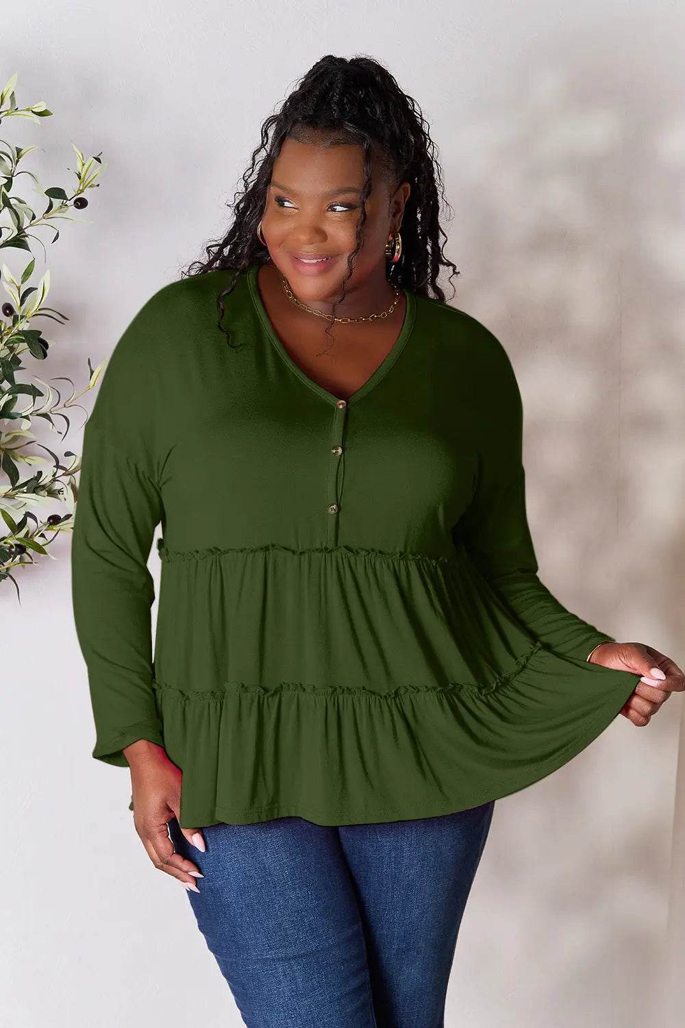 Double Take Half Button Long Sleeve Ruffle Hem Blouse - Shop Style & More | Fresh Looks, Everyday Deals & Free Shipping