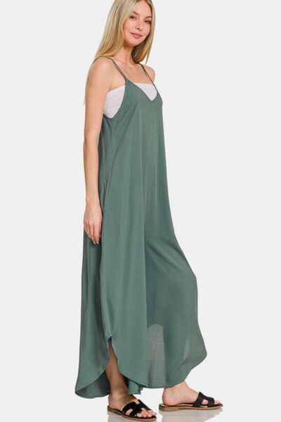 Zenana Sleeveless Curved Hem Wide Leg Overalls with Pockets Jumpsuits