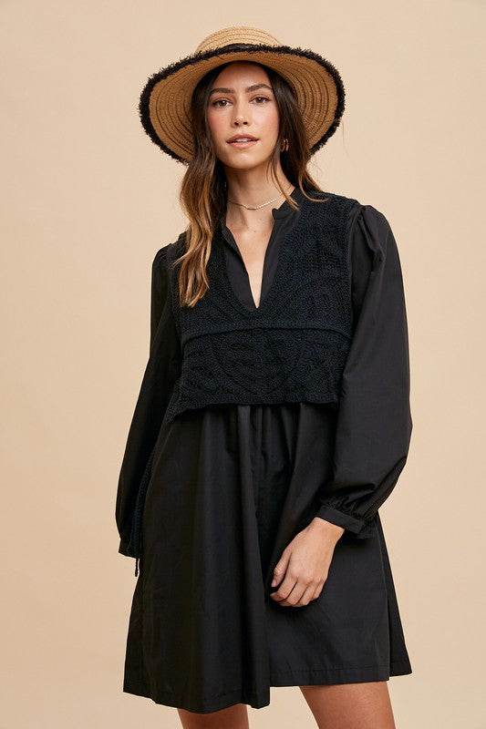 Annie Wear Crochet Vest Notched Long Sleeve Shirt Dress - Shop Style & More | Fresh Looks, Everyday Deals & Free Shipping