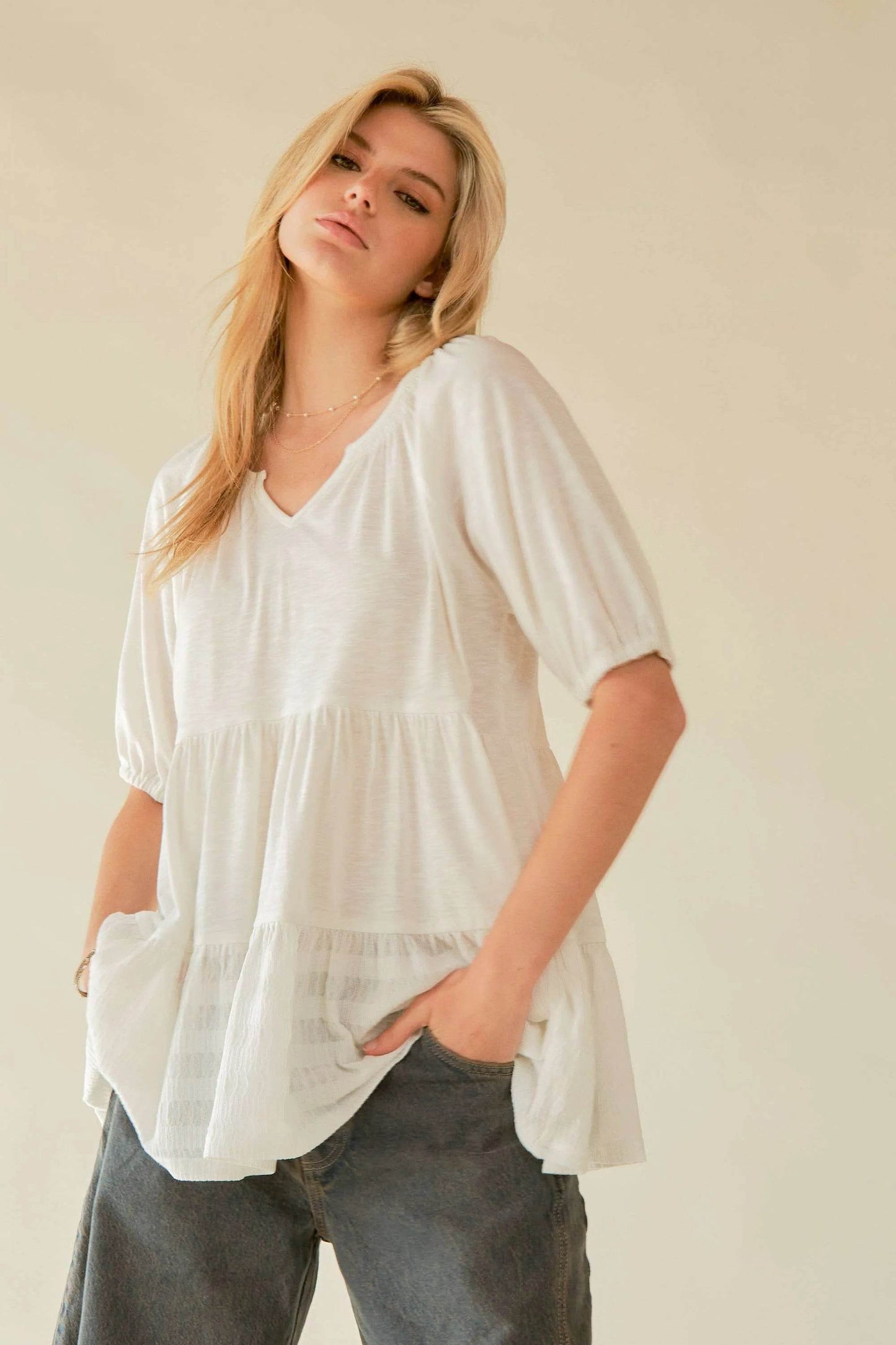 Davi & Dani Ruffled Flared Short Sleeve V Neck Blouse - Shop Style & More | Fresh Looks, Everyday Deals & Free Shipping