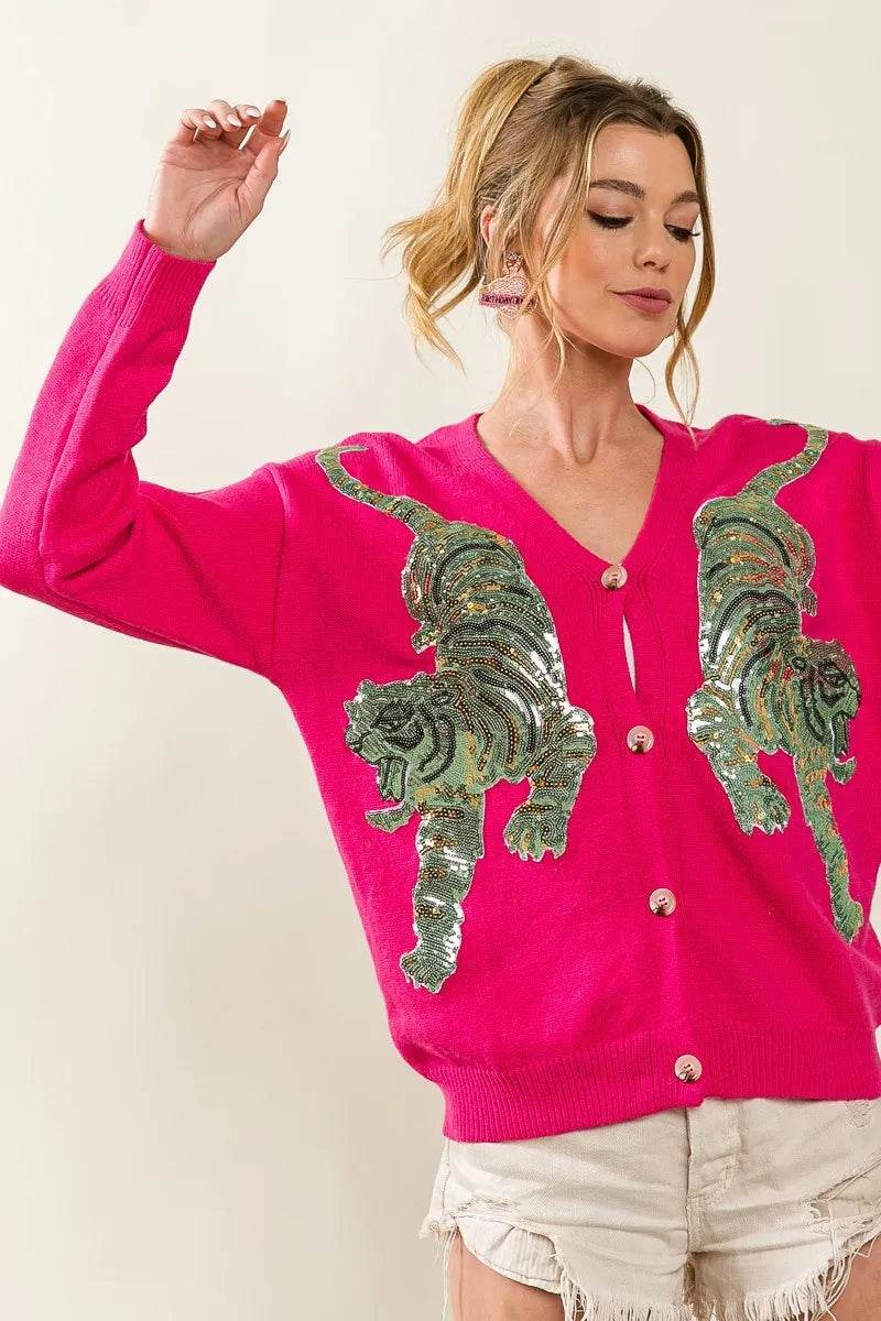 BiBi Front Tiger Sequin Patch V-neck Sweater Cardigan - Shop Style & More | Fresh Looks, Everyday Deals & Free Shipping