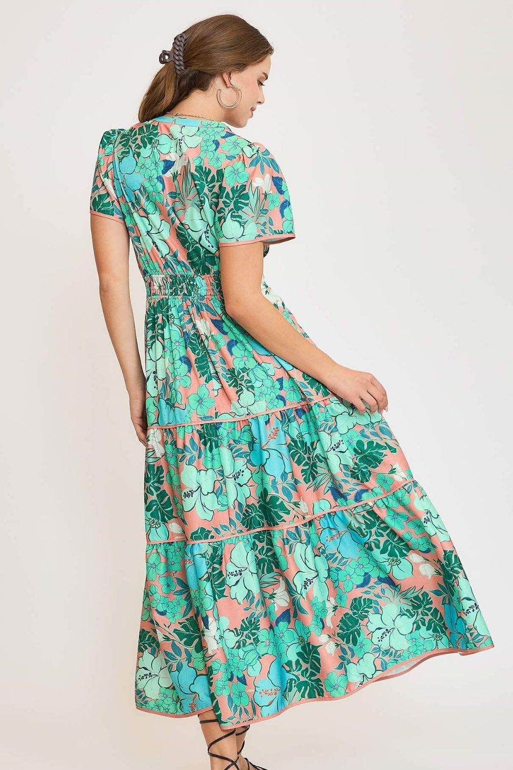 Umgee Full Size Printed Notched Short Sleeve Tiered Dress Plus Size - Shop Style & More | Fresh Looks, Everyday Deals & Free Shipping
