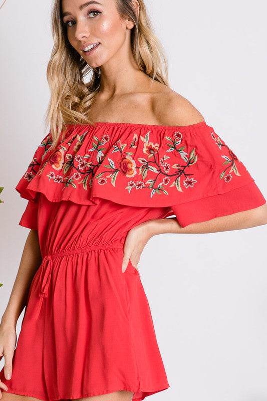 Floral Embroidered Off Shoulder Romper - Shop Style & More | Fresh Looks, Everyday Deals & Free Shipping