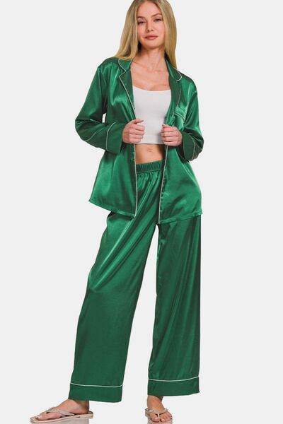 Zenana Satin Long Sleeve Shirt and Pants Pajama Set - Shop Style & More | Fresh Looks, Everyday Deals & Free Shipping