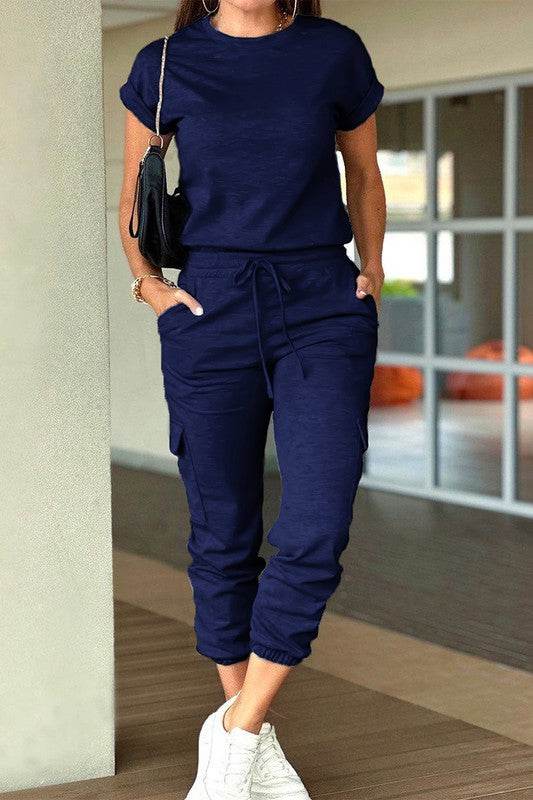 Crew Neck Short Sleeve Drawstring Waist Jumpsuit - Shop Style & More | Fresh Looks, Everyday Deals & Free Shipping