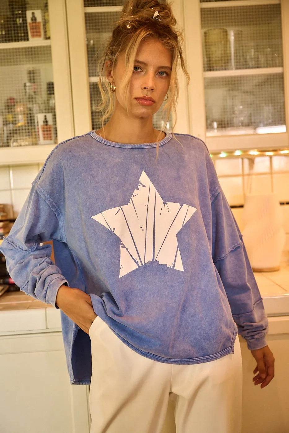 Mittoshop Star Graphic Mineral Wash Long Sleeve Top - Shop Style & More | Fresh Looks, Everyday Deals & Free Shipping