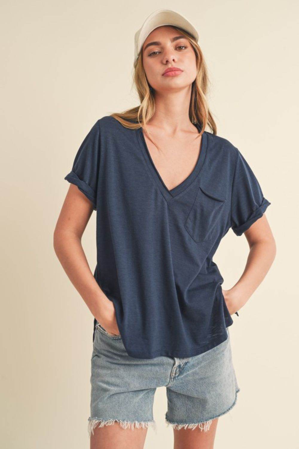 Aemi + Co Side Slit V-Neck Short Rolled Sleeve T-Shirt - Shop Style & More | Fresh Looks, Everyday Deals & Free Shipping