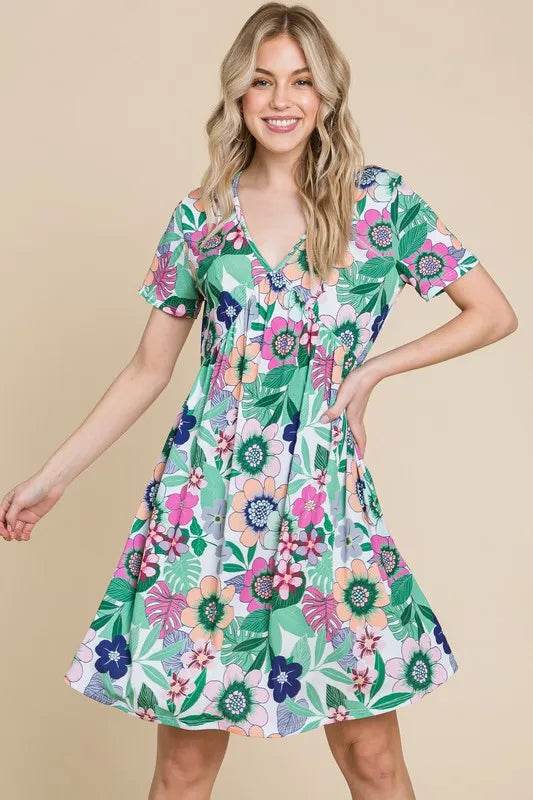 BOMBOM Ruched Floral V-Neck Short Sleeve Dress - Shop Style & More | Fresh Looks, Everyday Deals & Free Shipping