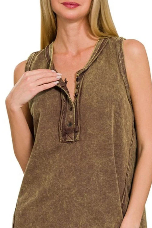 Zenana Washed Half-Button Raw Edge Sleeveless Henley Top - Shop Style & More | Fresh Looks, Everyday Deals & Free Shipping