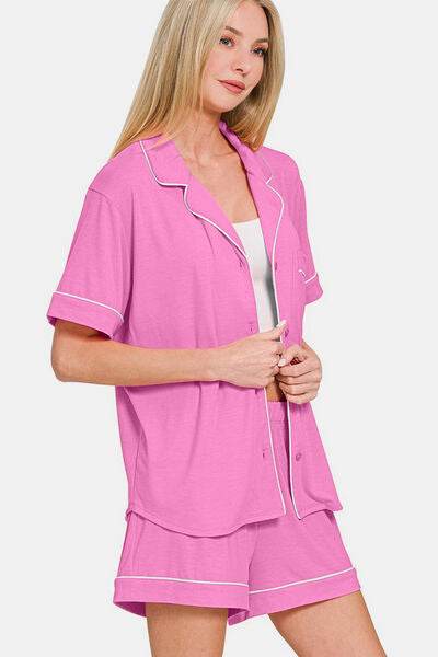 Zenana Button Down Short Sleeve Top and Shorts Lounge Set - Shop Style & More | Fresh Looks, Everyday Deals & Free Shipping