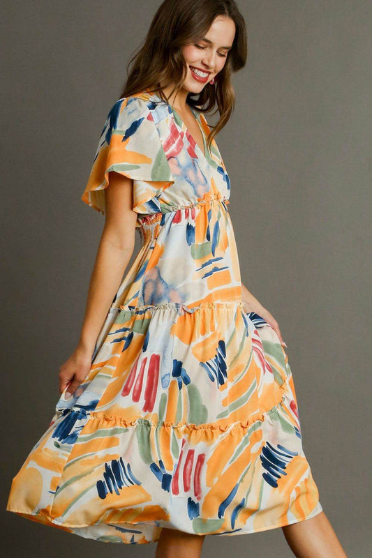 Umgee Full Size Abstract Print Flutter Sleeve Frill Tiered Midi Dress Plus Size - Shop Style & More | Fresh Looks, Everyday Deals & Free Shipping
