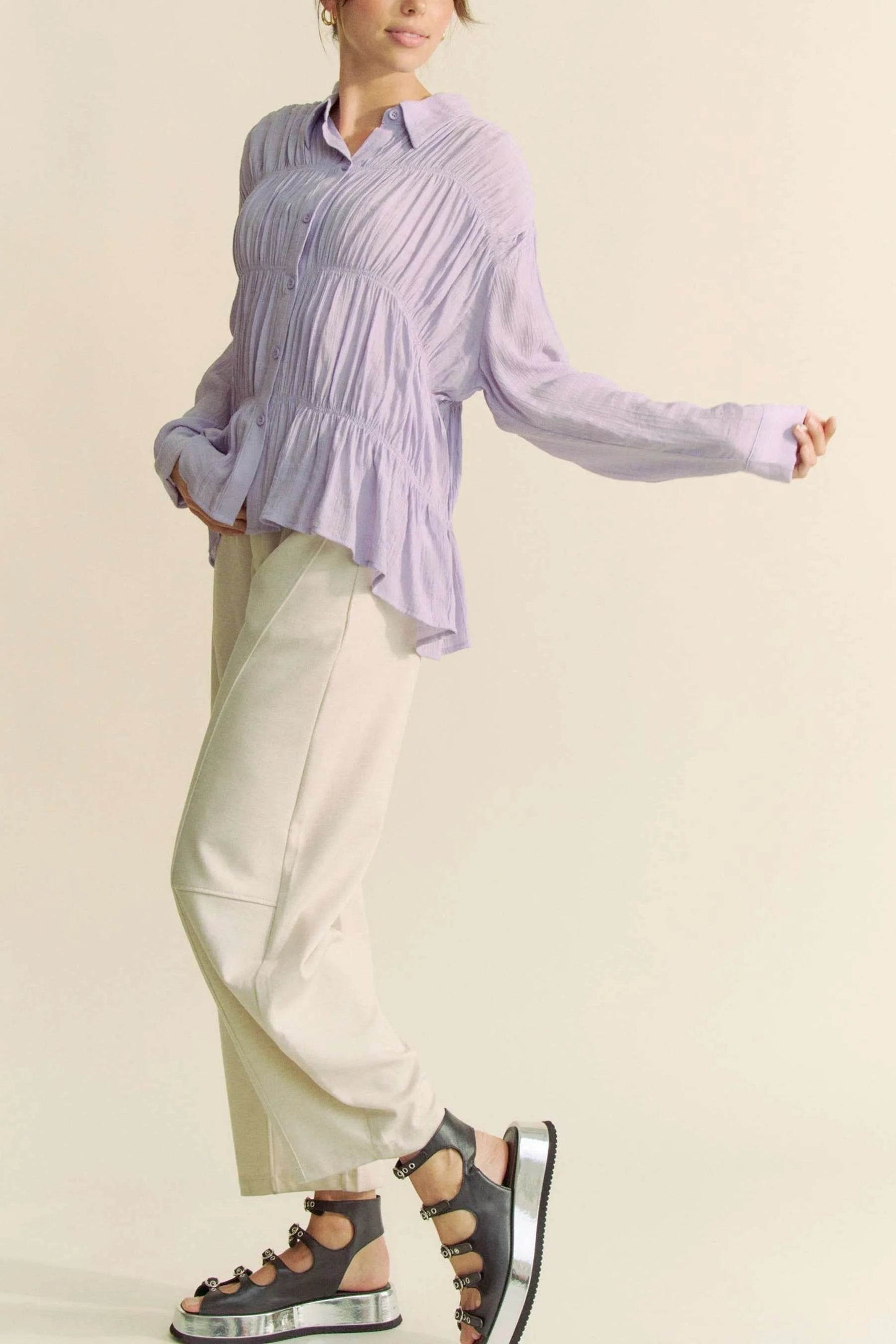 Davi & Dani Ruched All Over Button Front Shirt - Shop Style & More | Fresh Looks, Everyday Deals & Free Shipping