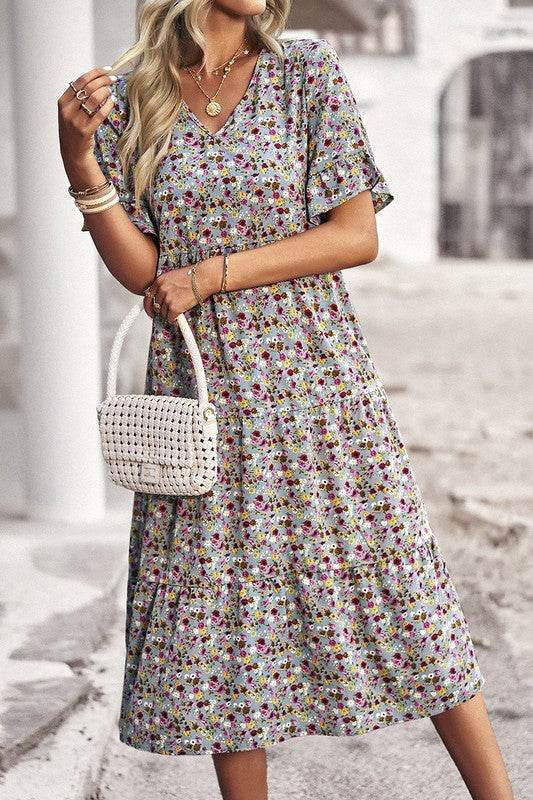Boho Floral Ruffle Hem V Neck Short Sleeve Dress - Shop Style & More | Fresh Looks, Everyday Deals & Free Shipping