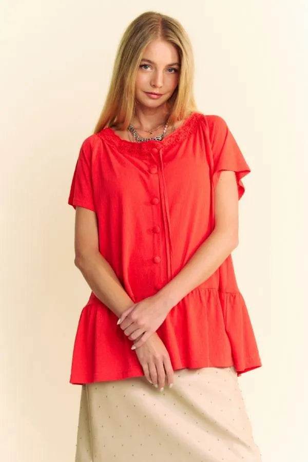 Davi & Dani Solid Lace Trim Neck Short Sleeve Peplum Top - Shop Style & More | Fresh Looks, Everyday Deals & Free Shipping