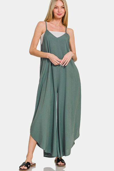Zenana Sleeveless Curved Hem Wide Leg Overalls with Pockets Ash Jade Jumpsuits