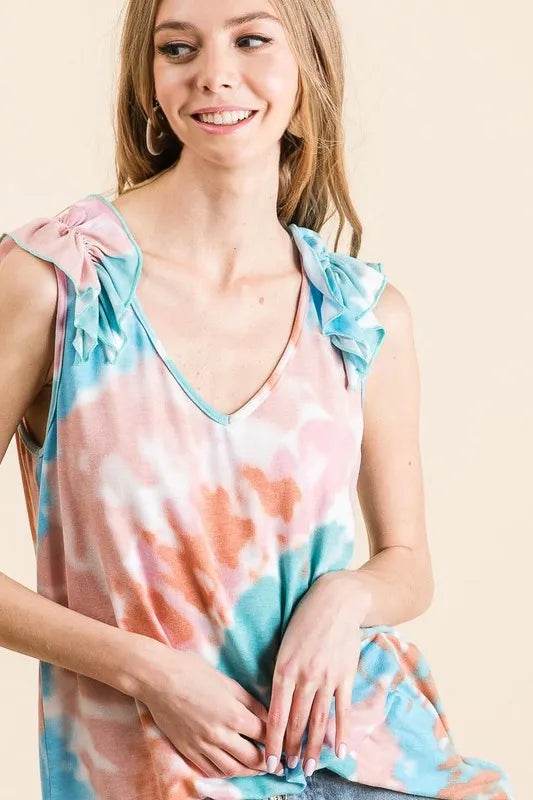 BiBi Circular Tie Dye Knit V Neck Top With Ruffle - Shop Style & More | Fresh Looks, Everyday Deals & Free Shipping