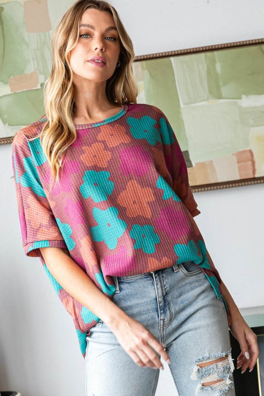HOPELY Full Size Floral Round Neck Side Slit T-Shirt - Shop Style & More | Fresh Looks, Everyday Deals & Free Shipping