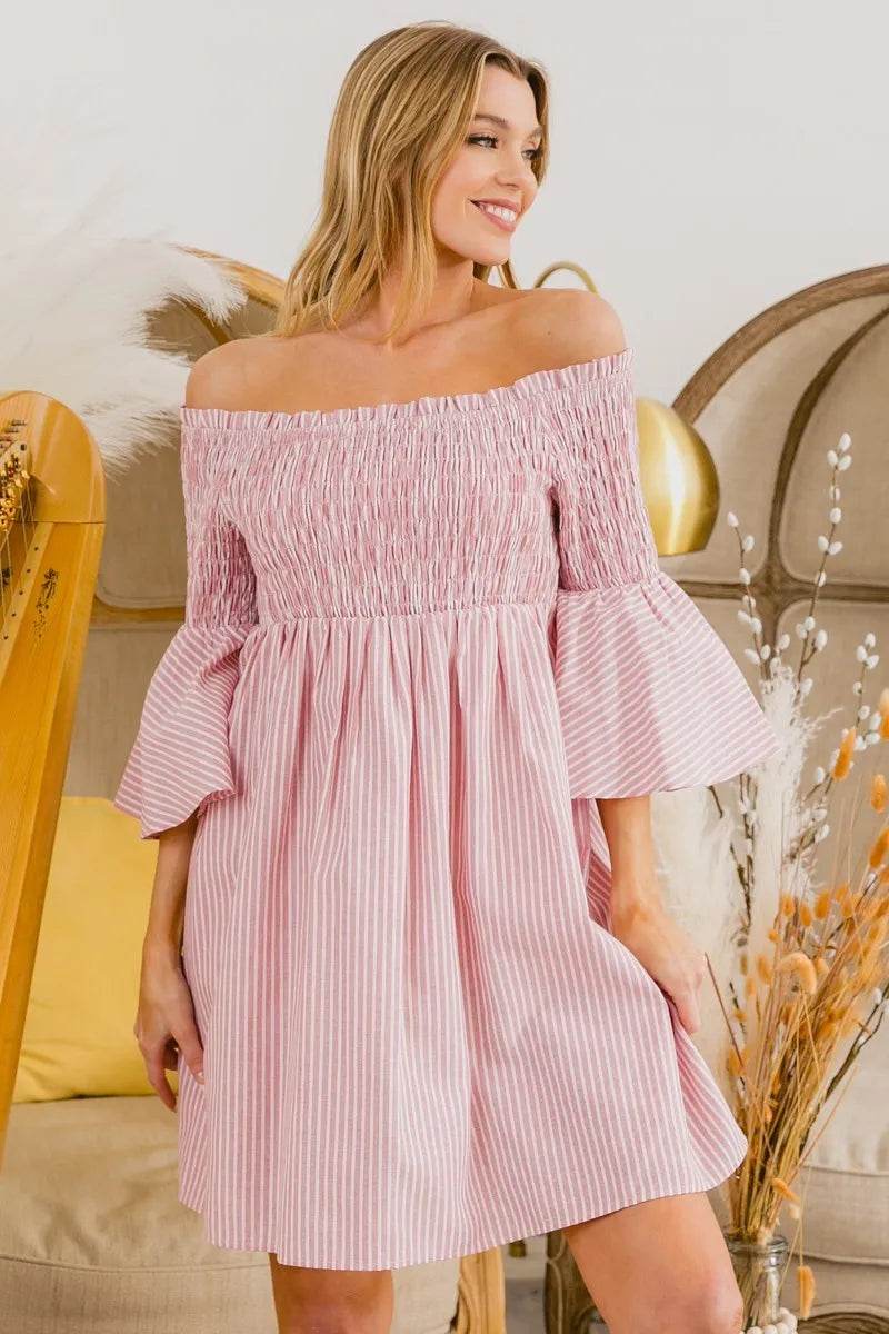 BiBi Smocked Off Shoulder Striped Dress - Shop Style & More | Fresh Looks, Everyday Deals & Free Shipping