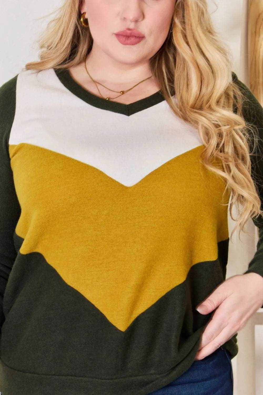 Hailey & Co Full Size Colorblock V-Neck Blouse - Shop Style & More | Fresh Looks, Everyday Deals & Free Shipping