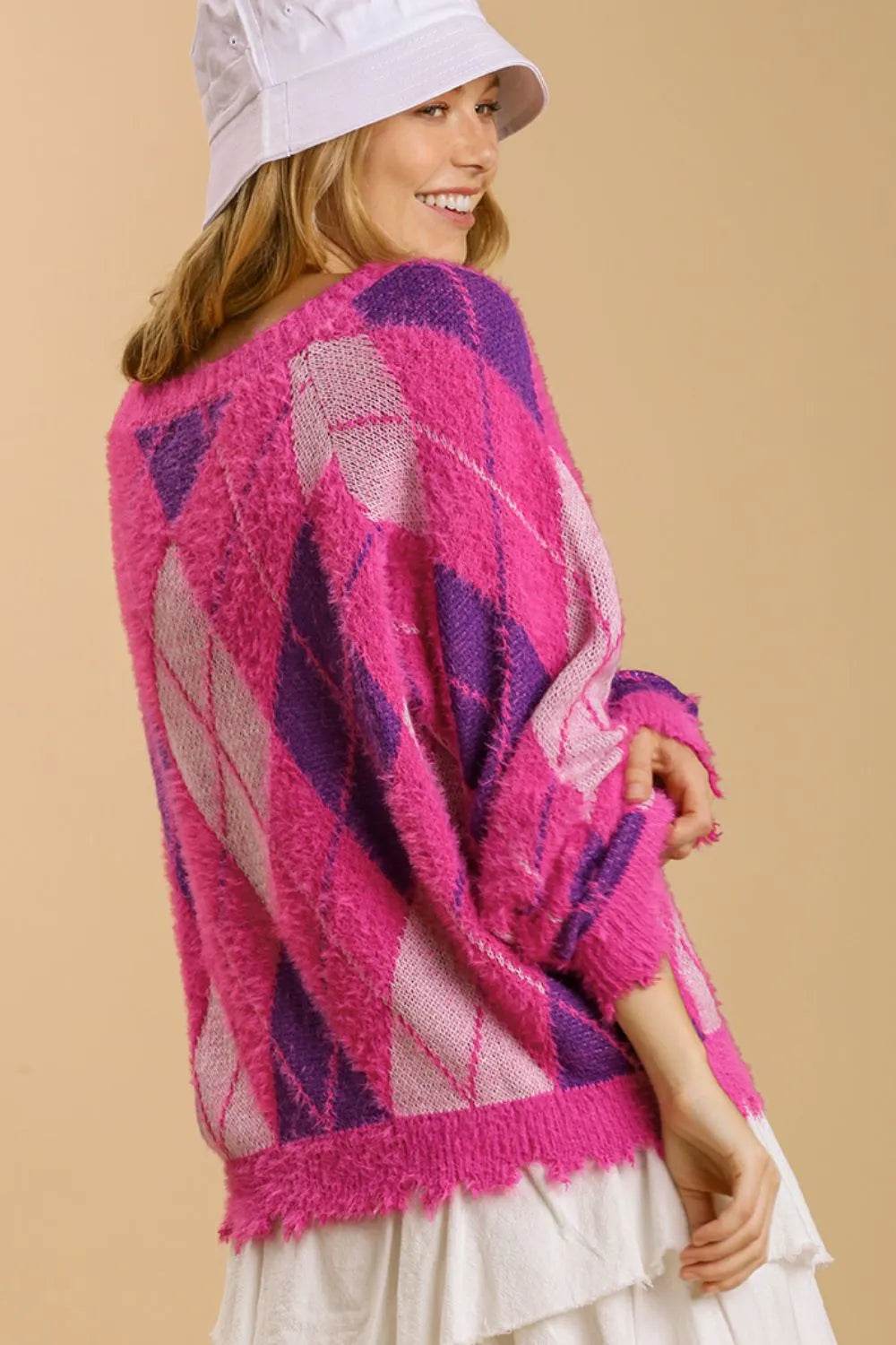 Umgee Full Size Argyle Pattern V-Neck Button Front Cardigan Plus Size - Shop Style & More | Fresh Looks, Everyday Deals & Free Shipping