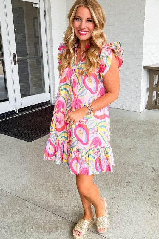 Floral Ruffle Trim Flutter Sleeve Buttoned Dress - Shop Style & More | Fresh Looks, Everyday Deals & Free Shipping
