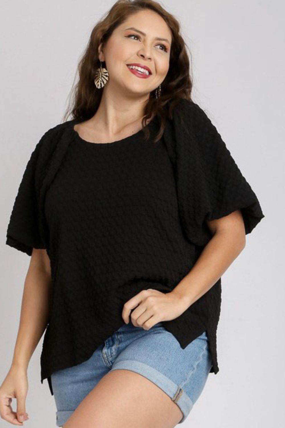 Umgee Full Size Boxy Cut Jacquard Round Neck Top with Side Slit Plus Size - Shop Style & More | Fresh Looks, Everyday Deals & Free Shipping