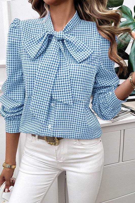 Plaid Puff Sleeves Loose Button Trim Knot Blouse - Shop Style & More | Fresh Looks, Everyday Deals & Free Shipping