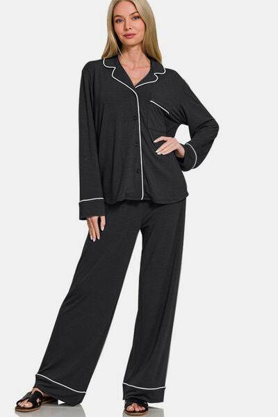 Zenana Button Down Long Sleeve Top and Pants Lounge Set - Shop Style & More | Fresh Looks, Everyday Deals & Free Shipping